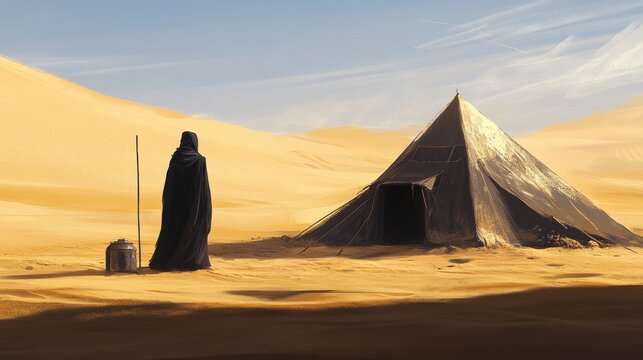 Solitary figure in desert landscape near a simple tent