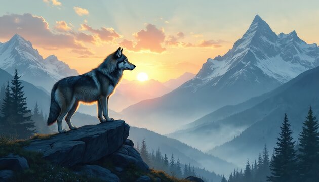 Lone wolf stands on cliff edge overlooking misty valley. Snow capped mountains rise in background during sunrise. Pine trees dot the landscape. Animal surveys its wild domain.