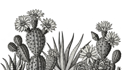 Black and white illustration of blooming desert succulents and cacti cactus flower 1