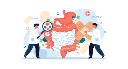 Fototapeta premium Medical concept of gastroenterology with tiny doctors examining and treating the human digestive system with a magnifying glass.