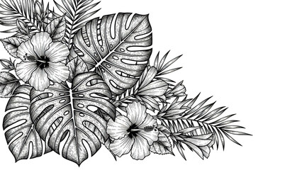 Fototapeta premium Black and white tropical floral arrangement with hibiscus and monstera leaves image 1
