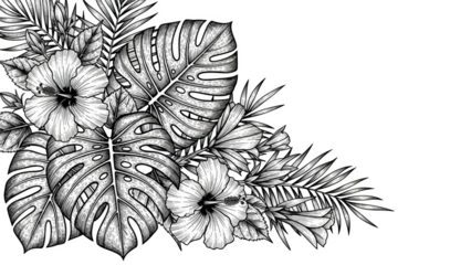 Black and white tropical floral arrangement with hibiscus and monstera leaves image 1