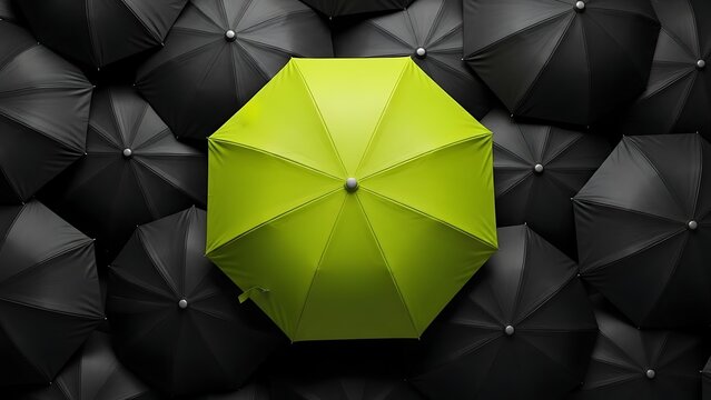 One bright green umbrella stands out against a sea of black umbrellas