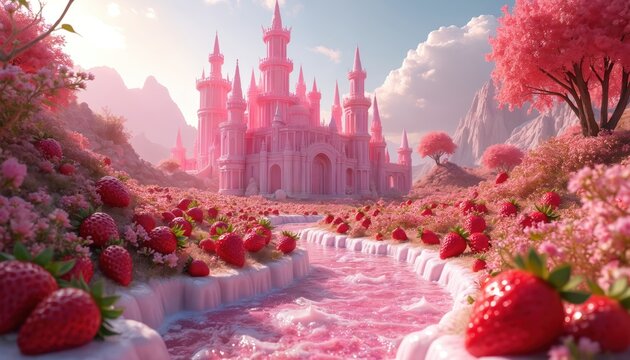 Pink fantasy castle sits in strawberry field. Pink river flows past lush nature. Bright sun shines on fairytale landscape. Beautiful dreamlike scenery.