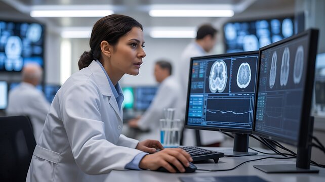 Female scientist analyzing brain scans on monitors in modern laboratory - Powered by Adobe