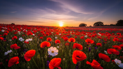 Field of red poppies and white daisies at sunset with trees silhouetted on the horizon.
