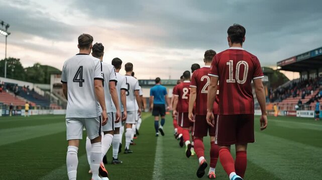 Soccer teams in white and maroon jerseys walk onto a green stadium field under an overcast