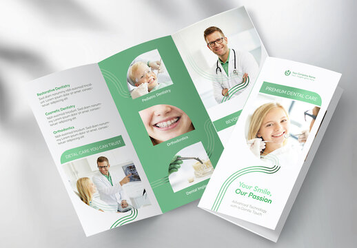 Dental clinic branding and marketing design concept : Professional dentist tri-fold brochure mockup with clean green
