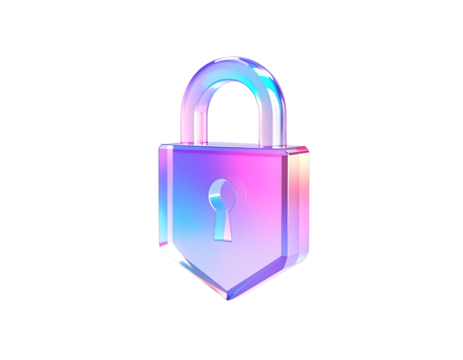 A crystal-like, iridescent padlock, glowing against a black background - Powered by Adobe