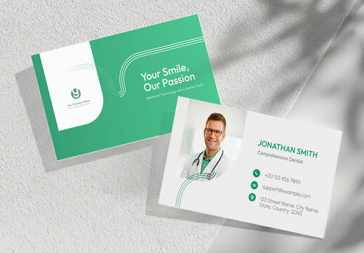 Dental clinic branding and marketing design concept : Professional dentist business card mockup with clean green medical layout
