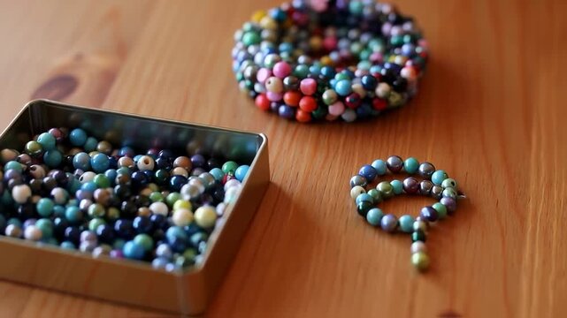 Colorful beaded jewelry and beads in a tin