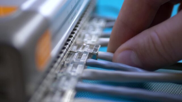 LAN router with Ethernet cable network layout shows high speed internet access. Structured cabling connected to switch. Advanced technology and diagnostic hardware for data systems