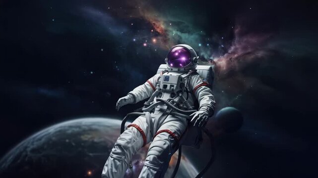 Astronaut in a white spacesuit with a purple visor floats over a planet surrounded by a st