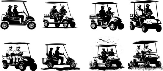 Obraz premium Set of golf cart silhouettes with people driving. Vector collection of electric buggies for golf course, resort transportation, and outdoor leisure activities.