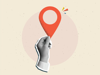 Black and white hand holding a red location pin. Modern collage style. Vector illustration