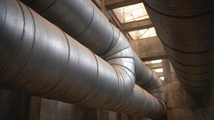 Close-up of a long, curved pipe that is hanging from the ceiling of a building. the pipe appears to be made of metal and has a shiny, metallic finish.