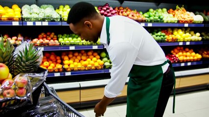 Grocery store worker placing produce in a shopping cart