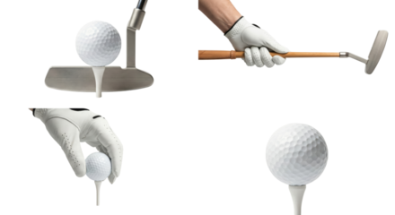 Golf Ball and Putter Close-up: Four Views of Golf Equipment and Setup