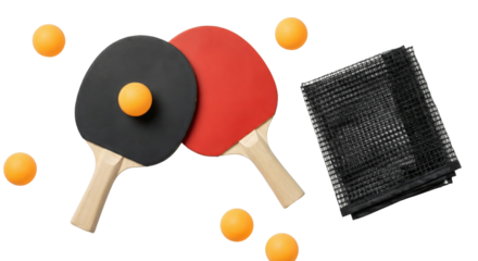 Table Tennis Equipment: Two Paddles, Net, and Balls on White Background