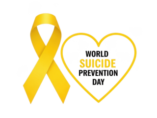 Yellow ribbon and heart for world suicide prevention day isolated on transparent background