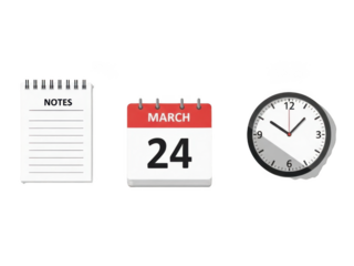 Calendar clock and notes on transparent background