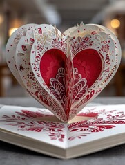 Valentine's pop-up card as 3D paper heart red and white colors, hand made card