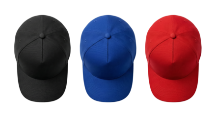 Three baseball caps in black, blue, and red, isolated on white background