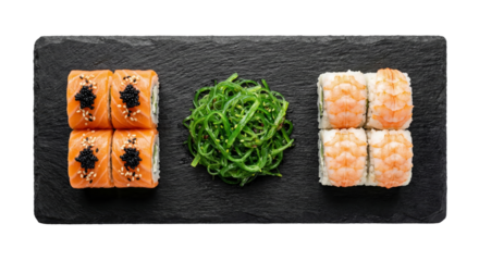 Sushi Rolls Platter: Salmon, Shrimp, and Seaweed Salad on Black Slate