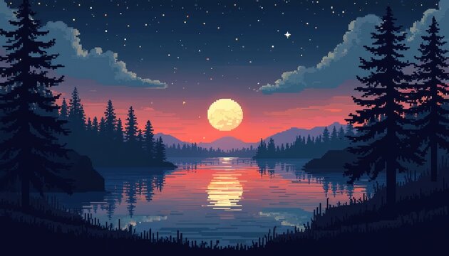 Pixel art landscape with full moon over calm lake at dusk. Silhouetted pine trees and mountains surround water reflecting vibrant sunset sky. Stars twinkle in night sky.