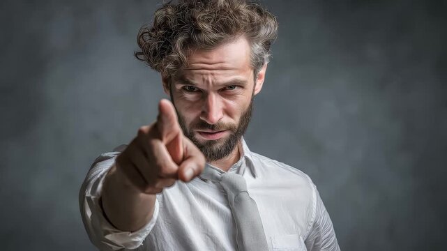 Man points with finger while making direct eye contact in a studio setting during a photo session