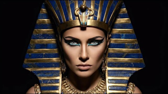 Majestic Egyptian Queen Portrait in Gold and Blue Headdress