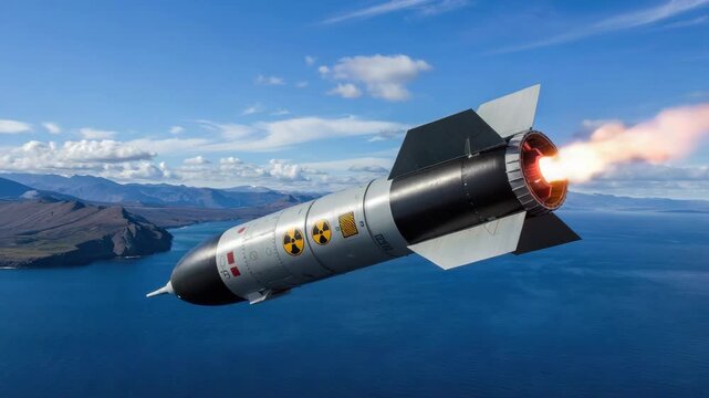 Nuclear missile with active fiery propulsion flying over vast ocean and mountains on a bri