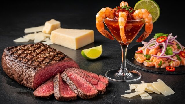 Seared Beef Tagliata and Fresh Salmon Ceviche with Shrimp Cocktail