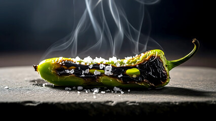 a single, charcoal-grilled shishito pepper, blistered and blackened in spots, dusted with sea salt, on a rough-hewn stone plate, the charred skin and steam 