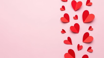 A vertical border of red paper hearts on a soft pink background for love and romance concept