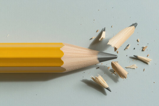 Close-up of a yellow pencil tip breaking with wood shavings scattered around on a light blue background. A sharp yellow pencil's graphite tip snaps, creating small wooden fragments - Powered by Adobe