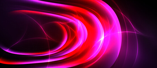 Obraz premium Abstract flowing lines, vibrant magenta, red hues dominate black background. Dynamic energy radiates from central curves.