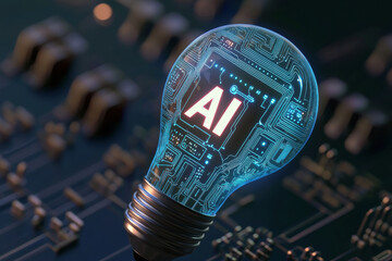 Artificial intelligence concept represented by a glowing light bulb with AI text inside. A conceptual image symbolizing innovation and intelligence in artificial intelligence technology.
