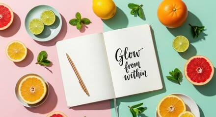 Open notebook with handwritten quote 'Glow from within' surrounded by fresh fruits and mint leaves, a motivational flatlay for wellness
