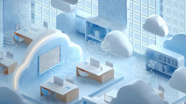 Cloud learning platform visualization, virtual classrooms connected through cloud infrastructure, simple geometric design, calm lighting, based education minimal technology aesthetic 
