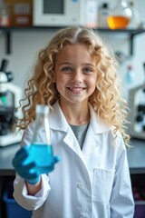 Young scientist holding blue liquid