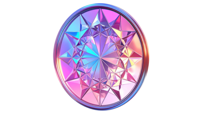 Iridescent geometric emblem with multifaceted crystals on a black background