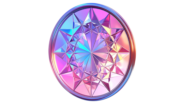 Iridescent geometric emblem with multifaceted crystals on a black background - Powered by Adobe