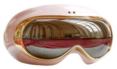 Futuristic headset glossy visor gold trim pink shell luxury pedestal reflective surface grand hall modern design immersive tech premium finish evoke awe in sunlit interior with red carpet, isolated