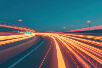 Fotobehang Snelweg bij nacht Abstract motion blur of car light trails on a highway at dusk, creating a sense of speed and energy. Vibrant streaks of light from vehicles illuminate a winding highway under a deep blue twilight sky.  © Tichila