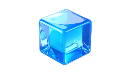 Shiny, translucent, blue, cube-shaped object, isolated on black background