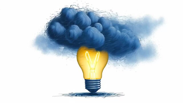 Creative concept of a light bulb surrounded by abstract blue clouds representing ideas and thoughts in a visual display