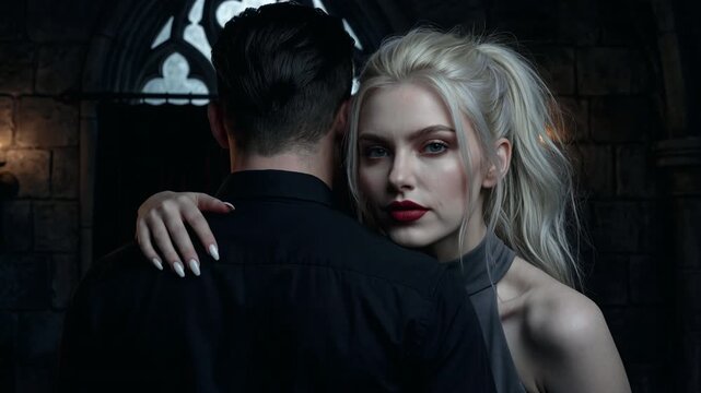 Dark Romance Vampire Woman Embraces Man at Castle Exit
