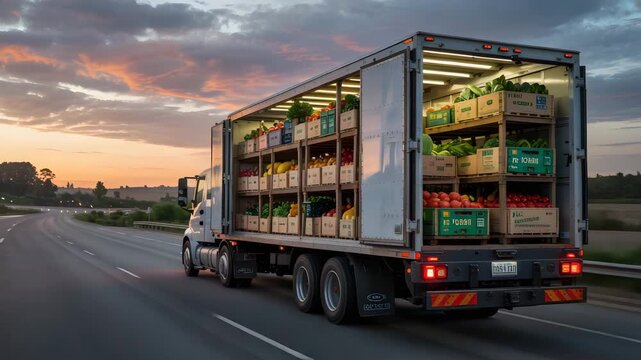 A large white semi truck loaded with fresh fruits and vegetables in wooden crates travels on a highway under a beautiful colorful sunset sky at dusk