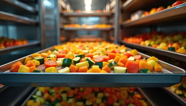 Colorful diced vegetables like carrots, zucchini, tomatoes spread evenly on trays inside large commercial food dehydrator oven. Ingredients undergoing process of dehydration for preservation. Scene